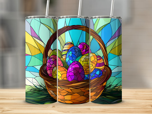 Easter basket overflowing with colorful, stained-glass patterned eggs.