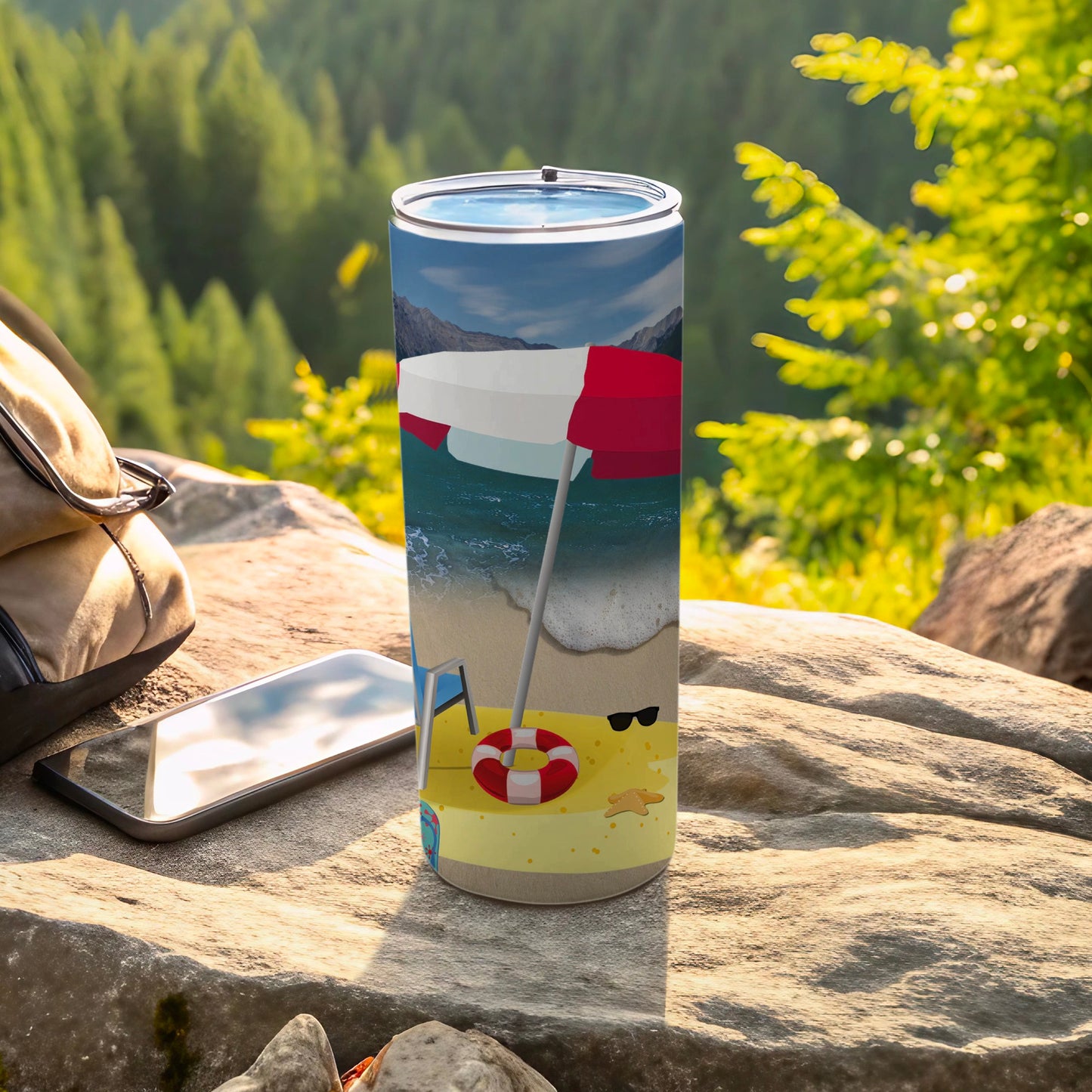 Beach scene tumbler with umbrella, life preserver, and sunglasses on a rock.