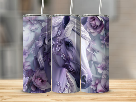 Purple horse head with flowers on a skinny tumbler design.