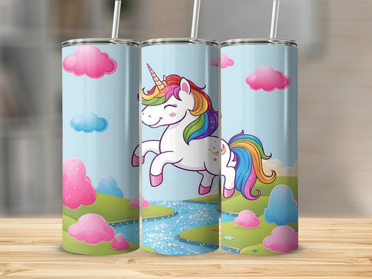 Cartoon unicorn with rainbow mane and tail jumping over glittery blue river.