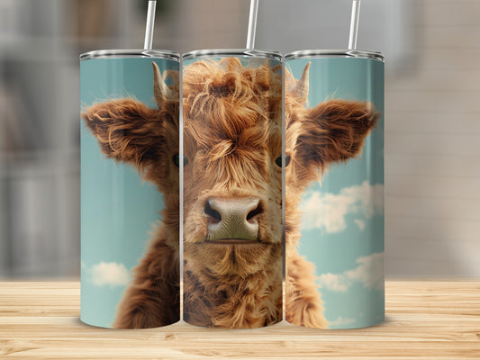 Highland cow face on three tumblers against a blue sky backdrop.