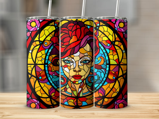 Three tumblers featuring a colorful stained glass portrait of a woman with red hair.