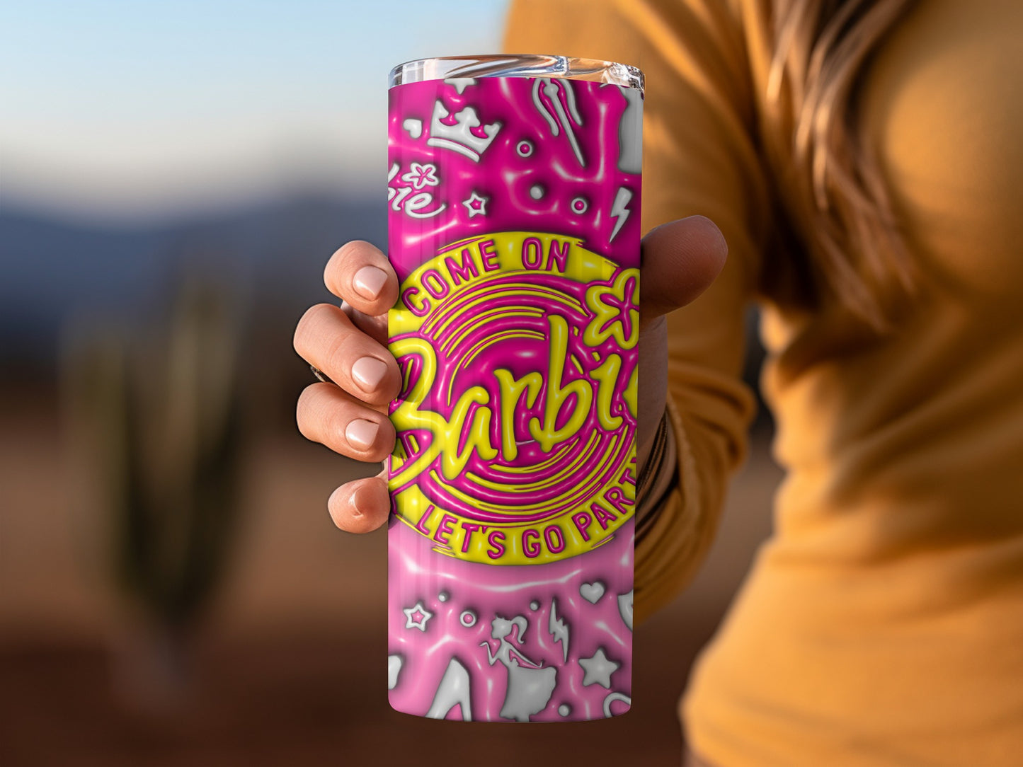 Barbie Come On Lets Go Party Icons Pink Yellow Background Tumblers