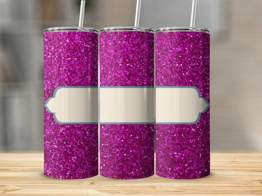 Three glittery purple tumblers with a cream banner on a wooden surface.
