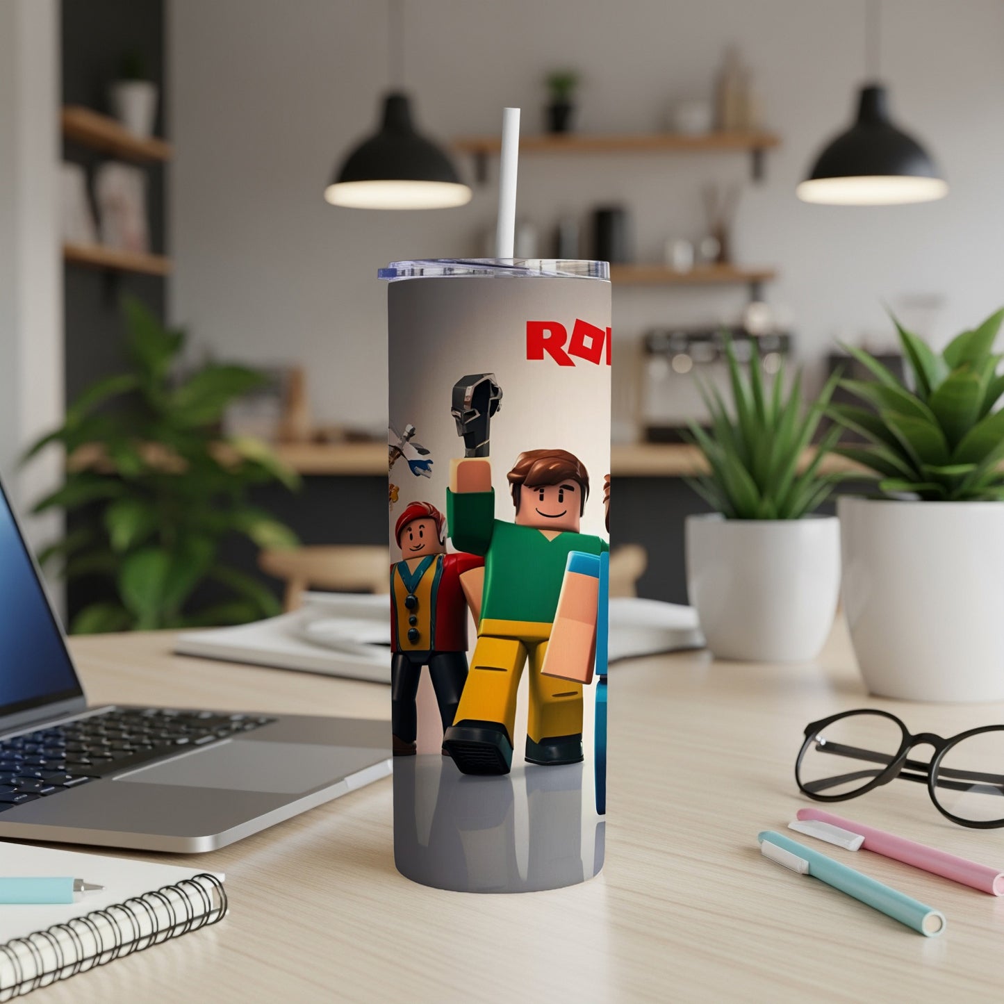 Roblox characters in colorful outfits with straws on a white tumbler.