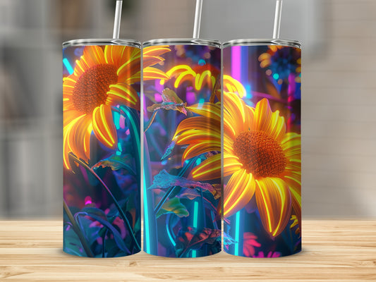 Three neon-lit sunflowers with dragonflies, on a wooden surface.