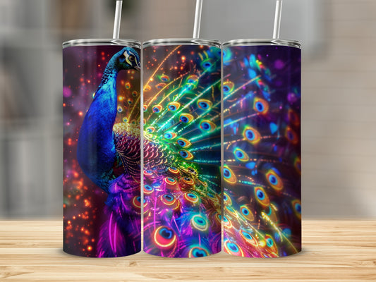 Triptych of a peacock with iridescent feathers and glowing bokeh lights.