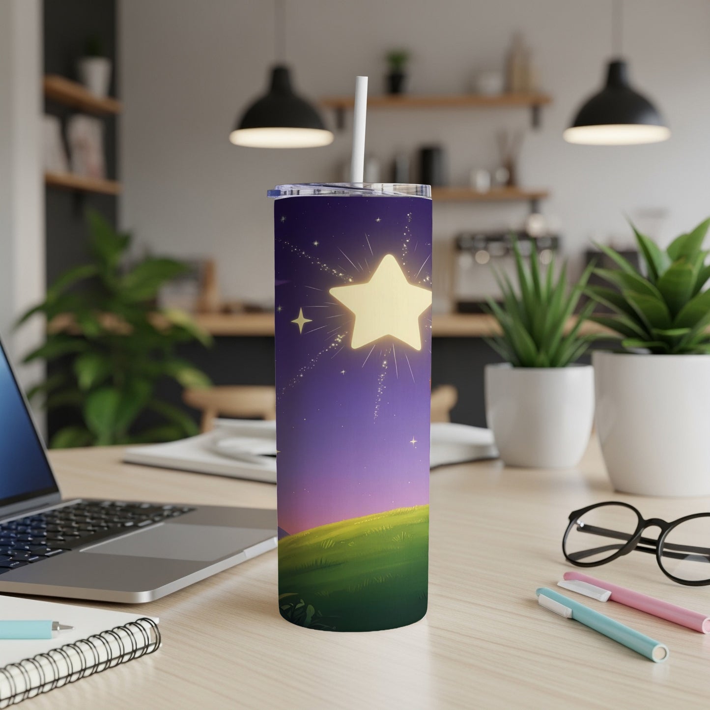 A starry night sky with a large glowing star over a grassy hill, on a tumbler.