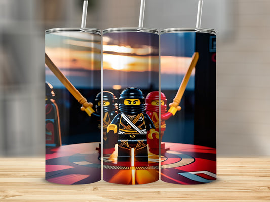 Three Lego Ninjago characters with swords standing on a circular platform.