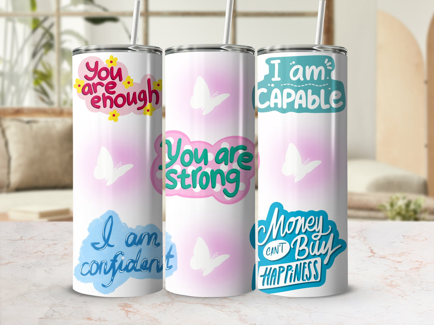 Inspirational Affirmation Tumbler Set with Butterfly Design
