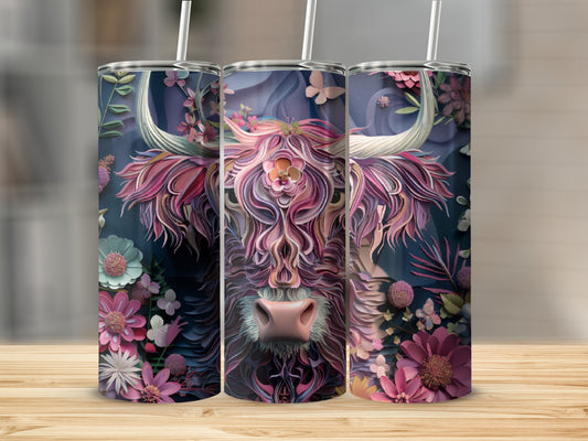 Floral highland cow tumbler with colorful floral and butterfly accents.