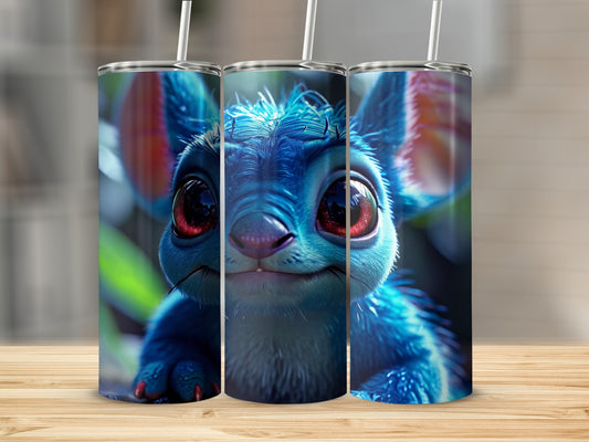 Blue alien character with large red eyes on three tumblers.