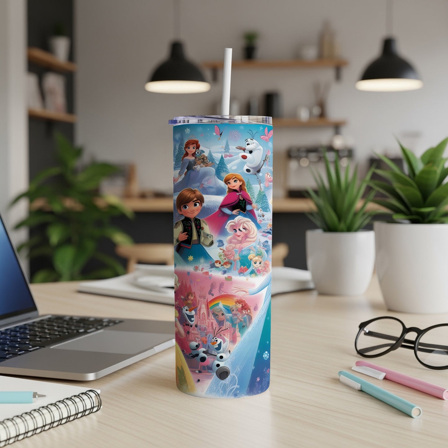 Frozen characters montage on a white tumbler with a straw.