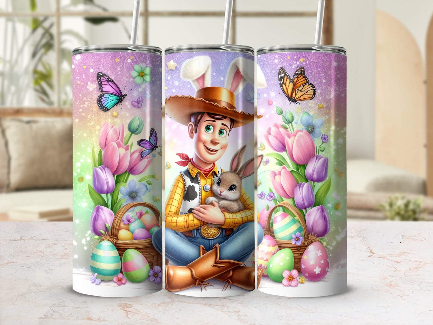 Easter Bunny and Flowers Decorated Tumbler Cup