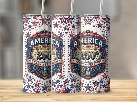Three tumblers with patriotic stars and stripes design celebrating 250 years of America.