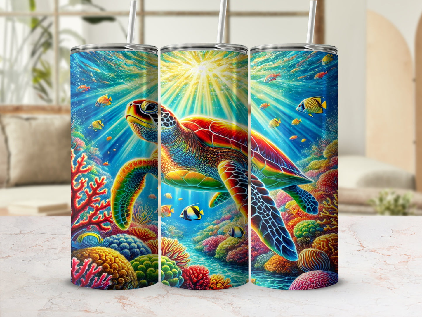 Vibrant Turtle and Coral Tumbler Stunning Ocean Artwork