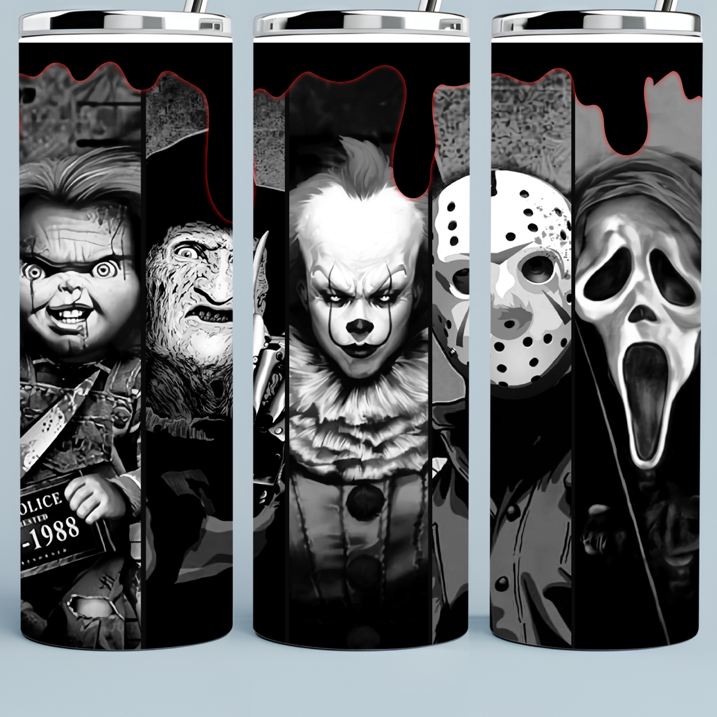 Scary movie tumbler with Jason, Ghost Face, Freddy, Chucky and Moneypenny