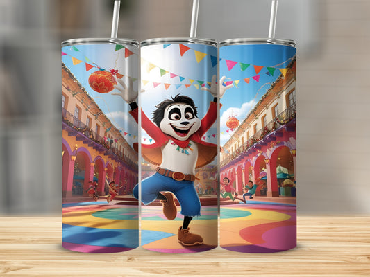 Three tumblers featuring a cartoon panda character in a festive street scene.