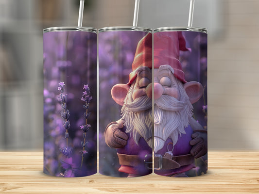 Gnome in a purple hat with lavender flowers.