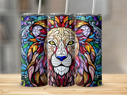 Stained glass lion tumbler with colorful floral border.