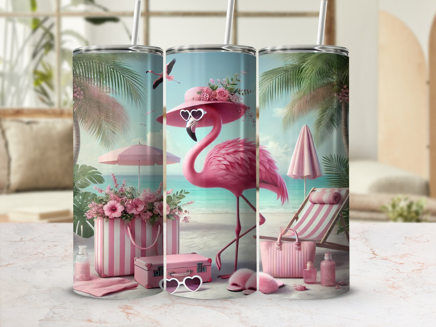 Tropical Pink Flamingo Beach Vibes Travel Tumbler