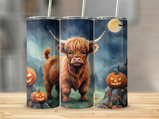 Highland cow with pumpkins and full moon Halloween graphic.