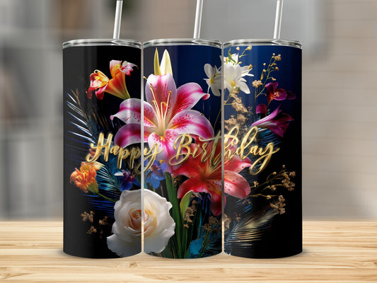 Tall tumbler with a floral design and "Happy Birthday" text.