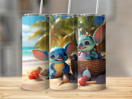 Three Stitch tumblers with beach and seashell designs.