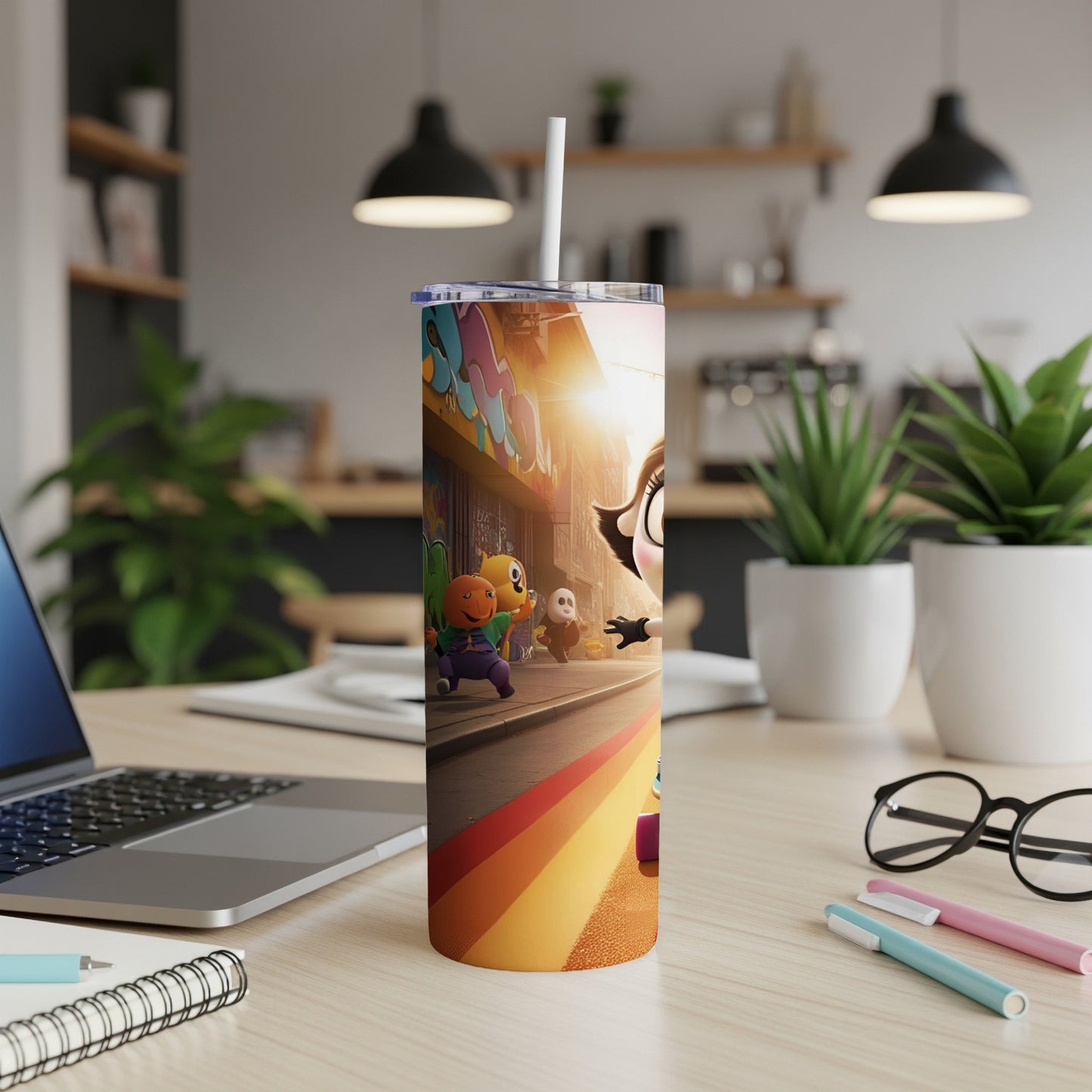 Cartoon characters on a colorful tumbler with a laptop and supplies.