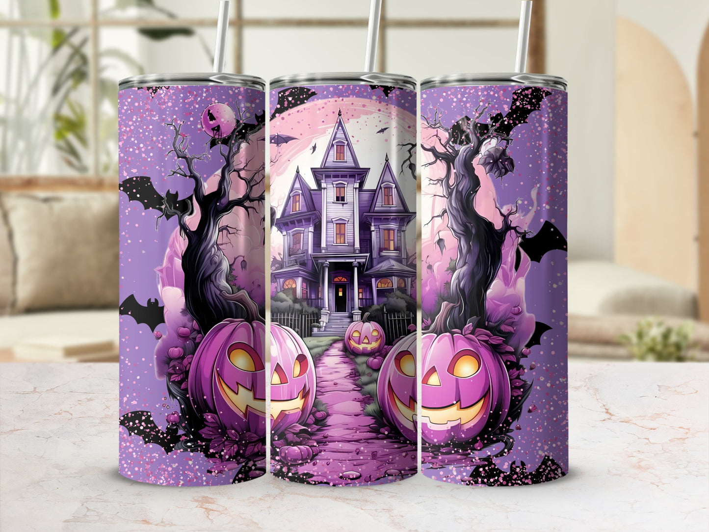 Spooky Haunted House With Pumpkins Halloween Scene Tumblers