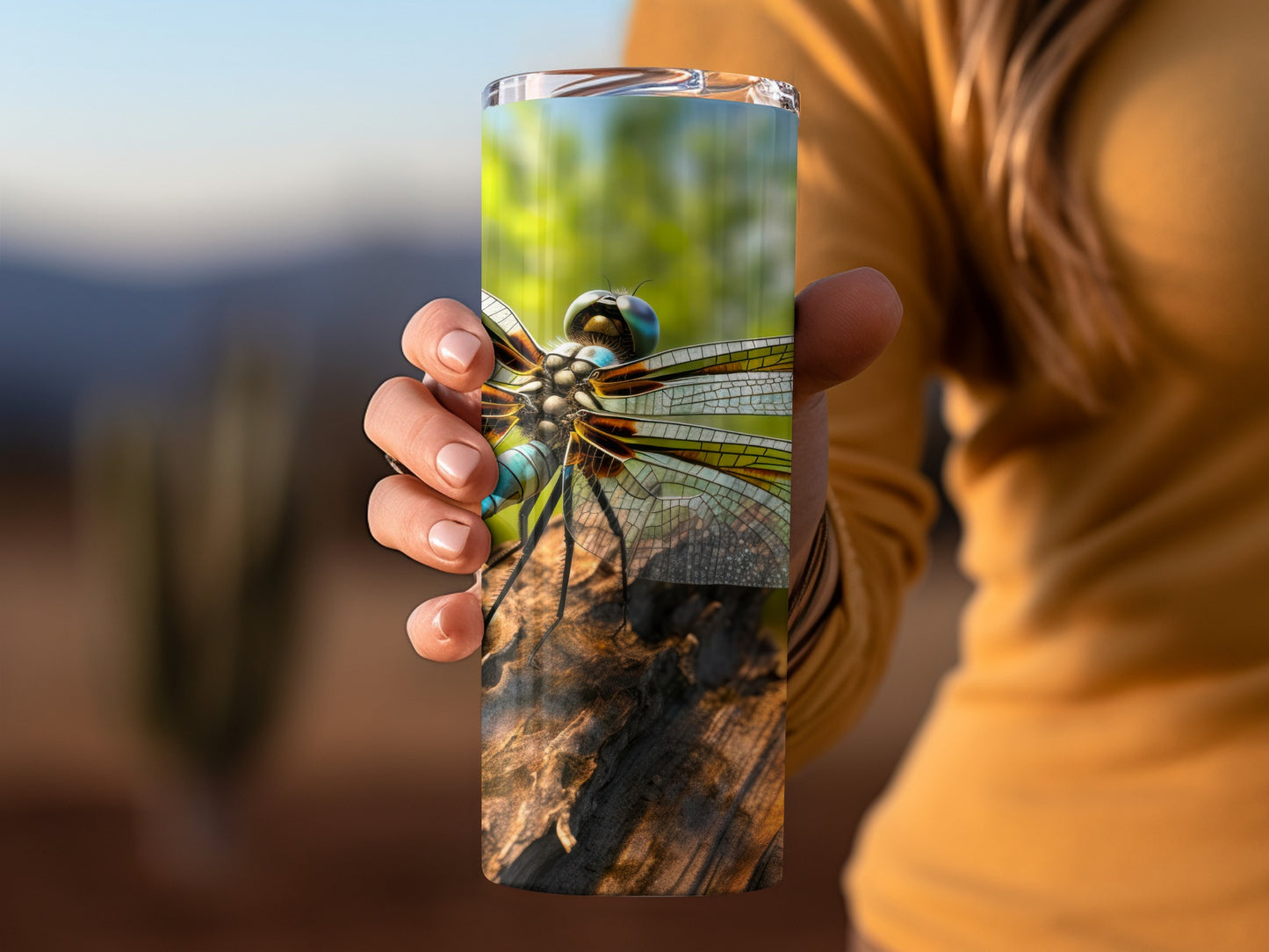 Vibrantly Colored Dragonfly on Log Insulated Tumbler