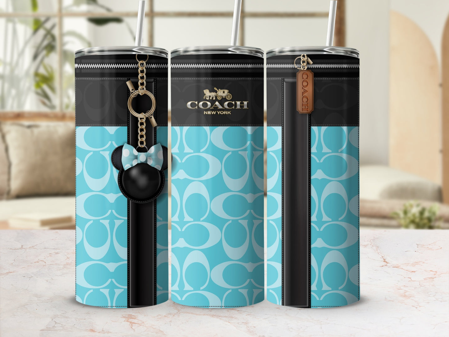 Coach New York Blue Pattern Tumbler with Keychain Decoration