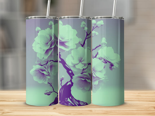 Three tumblers with a purple and green floral tree design.