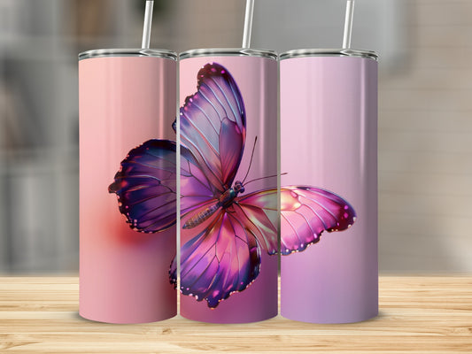 Three pink and purple tumblers featuring a detailed butterfly design.