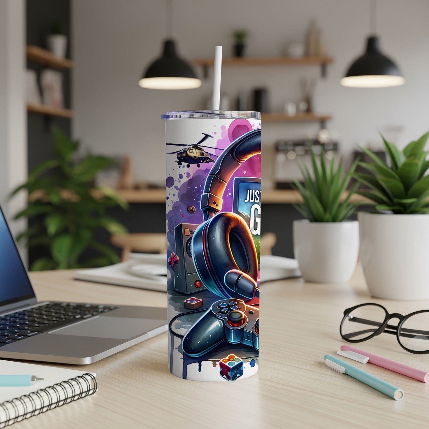 Gaming tumbler with headphones, controller, and "JUST GAME" text.