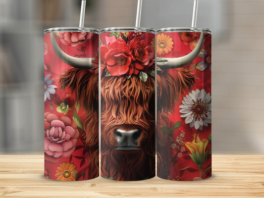 Highland cow with flowers and red floral background on three tumblers.