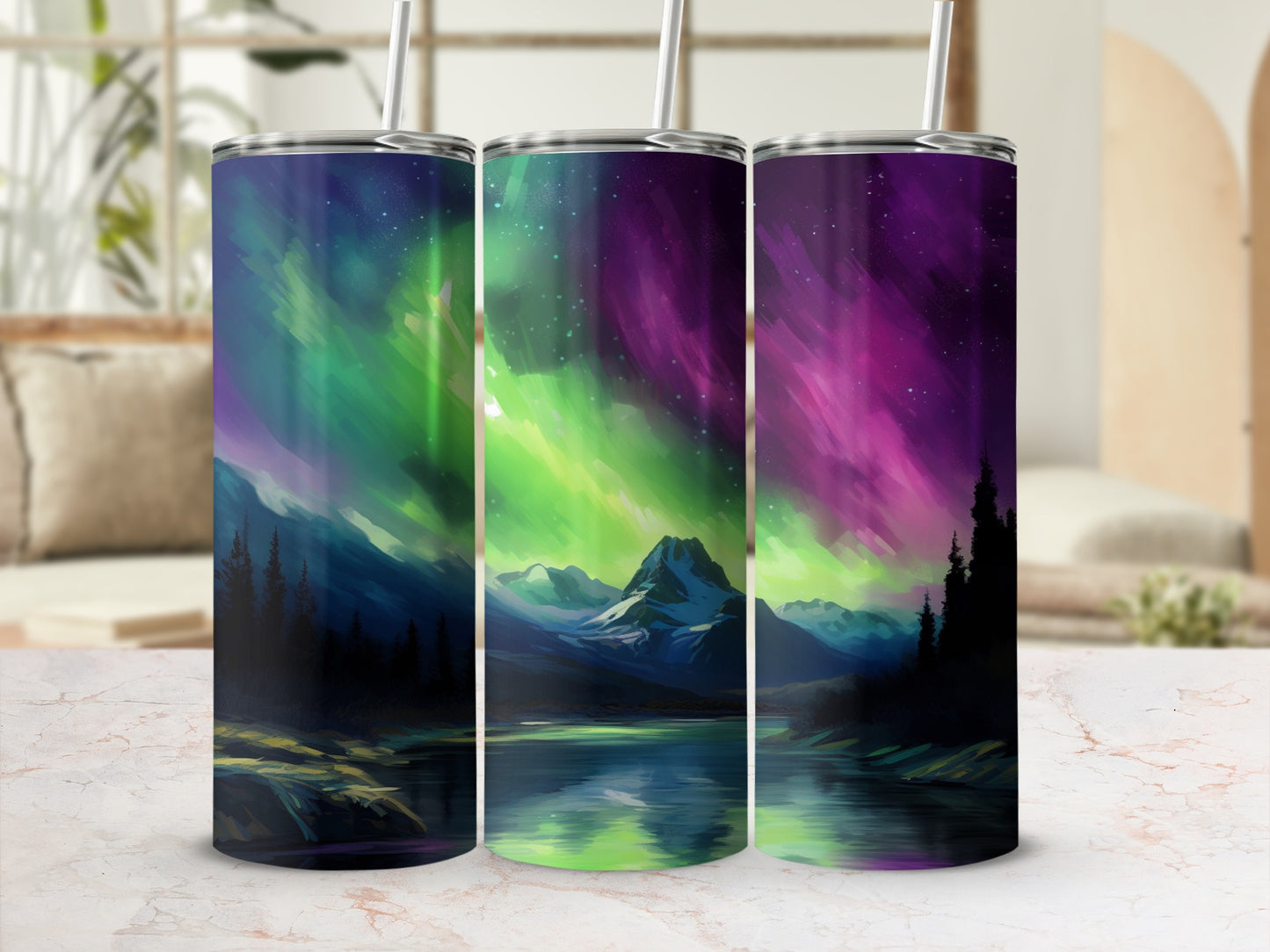 Northern Lights and Mountain Scene Tumbler Cup