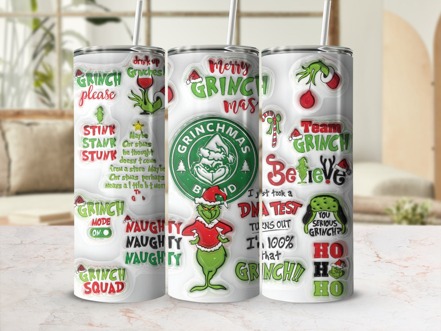 Grinch Christmas themed tumbler with fun quotes