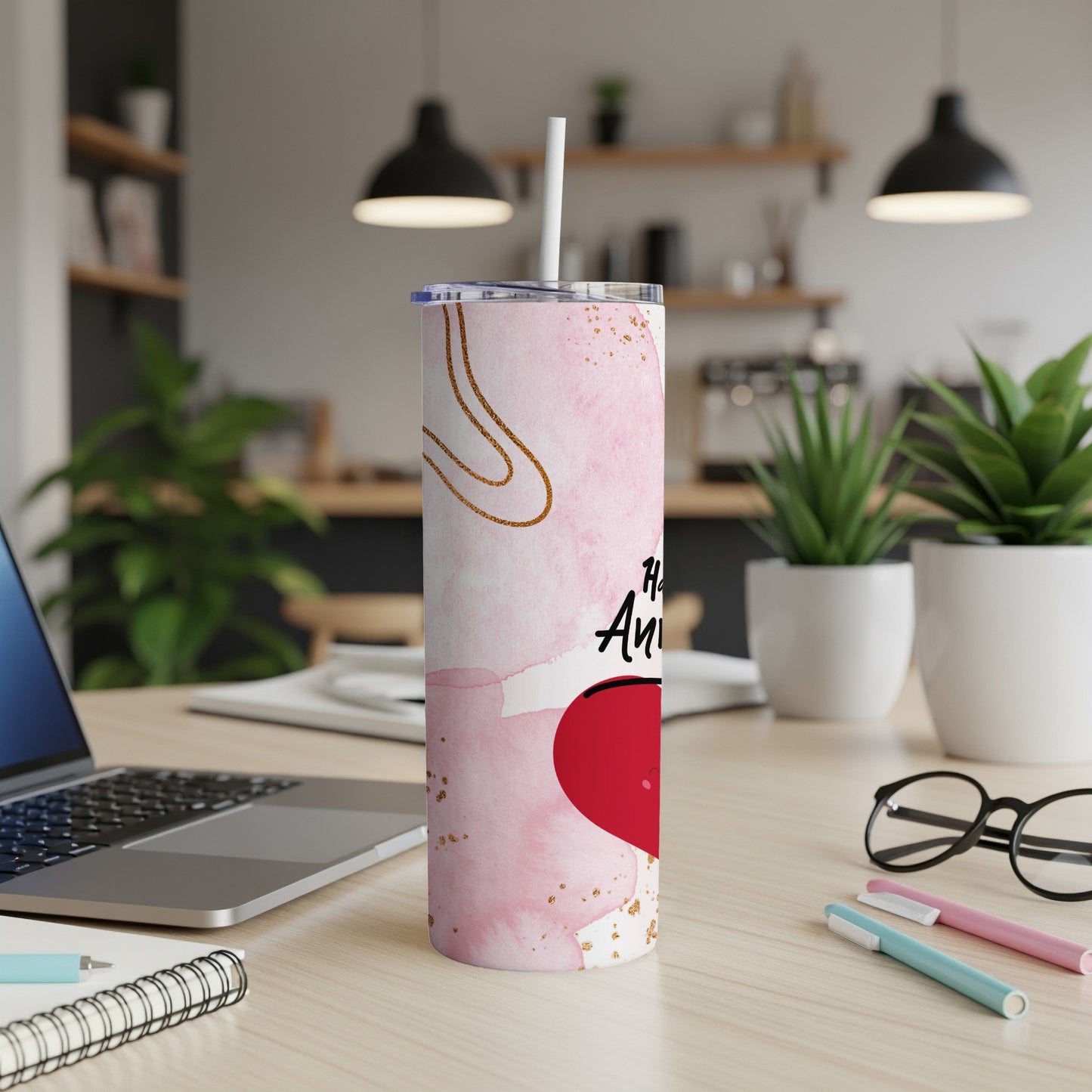 Pink abstract tumbler with "Happy Anniversary" text and a heart design.