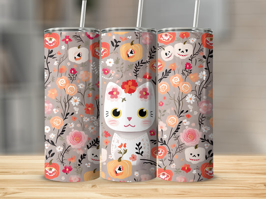 Halloween cat with pumpkins and flowers pattern on three tumblers.