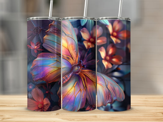 Three tumblers featuring a iridescent butterfly and floral design.
