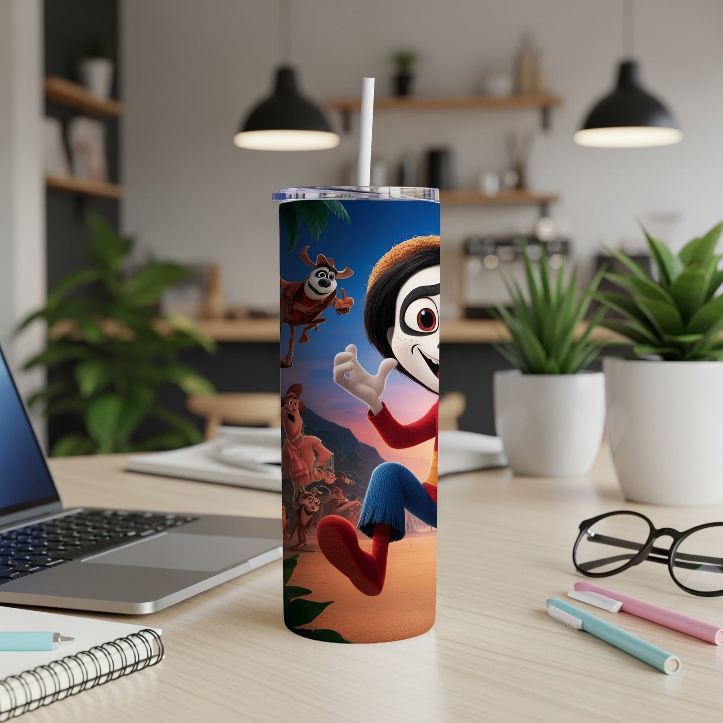 Cartoon character with large eyes holding a straw in a tumbler.