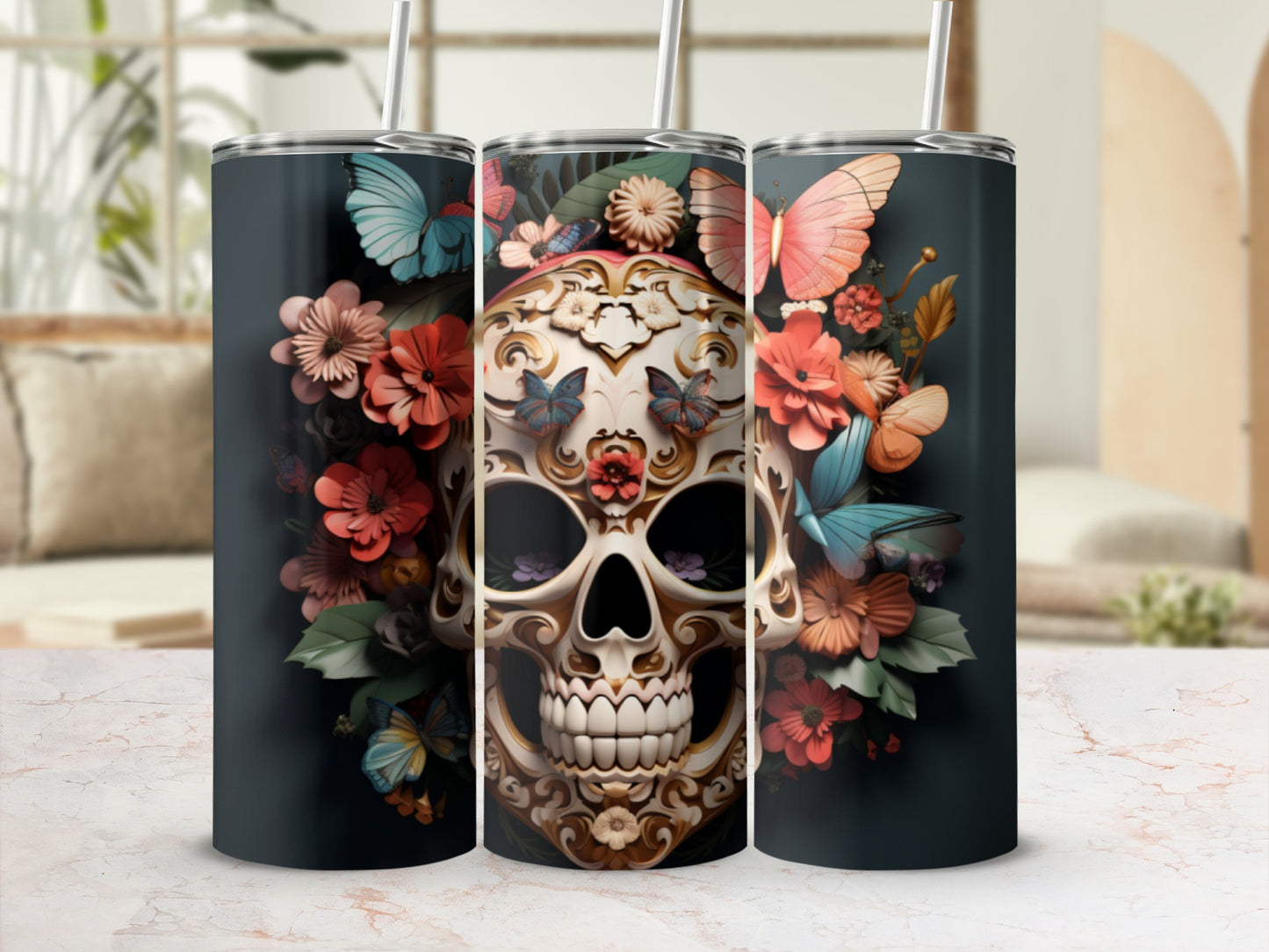 Floral Skull with Butterflies Tumbler Design