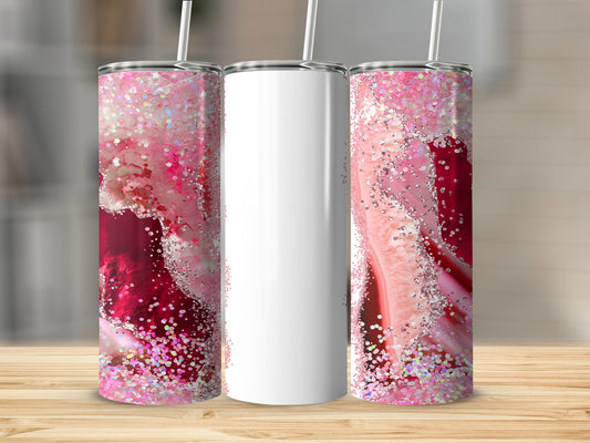 Blank white tumbler with pink glitter and agate design.