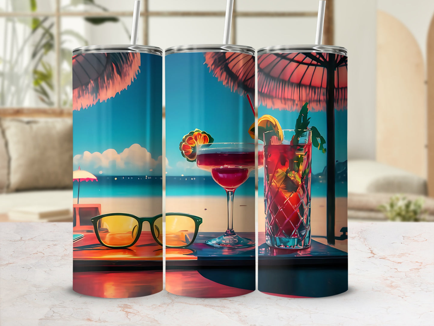 Vibrant beach scene tumbler with tropical drinks