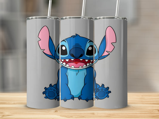 Cartoon Stitch character on three gray tumblers with straws.