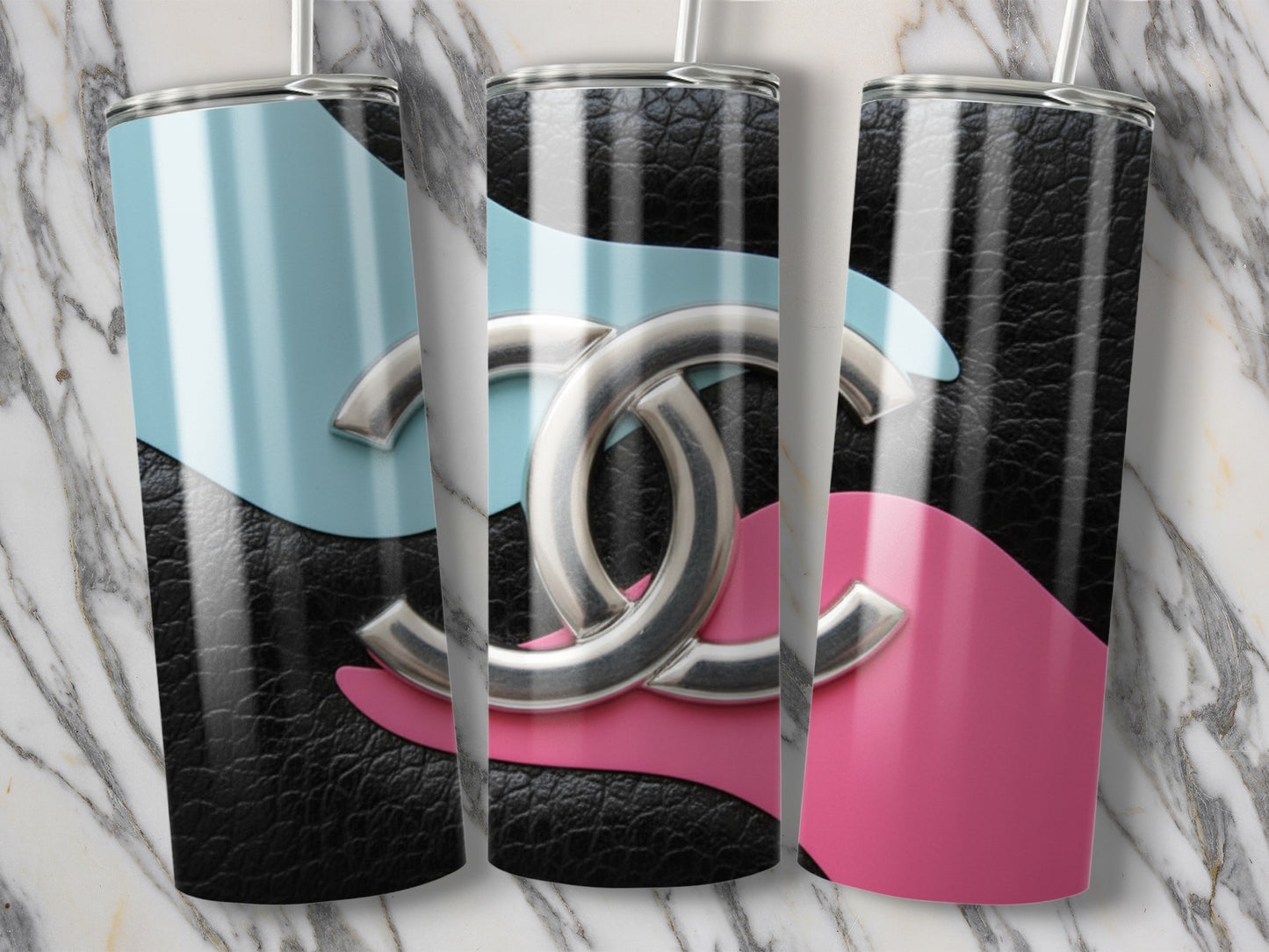 Silver Double Loop on Pink Blue Design Black Base Tumbler