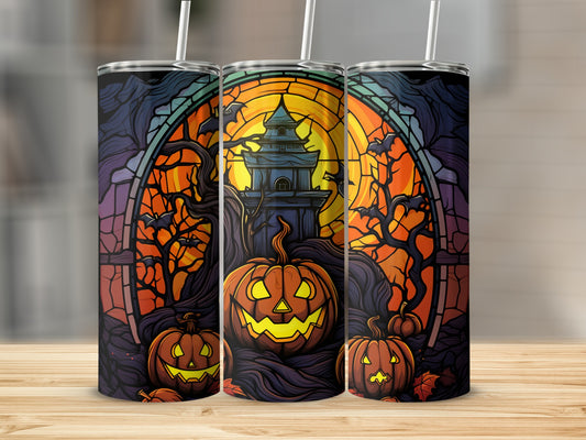 Halloween tumbler with jack-o'-lanterns and spooky stained glass design.