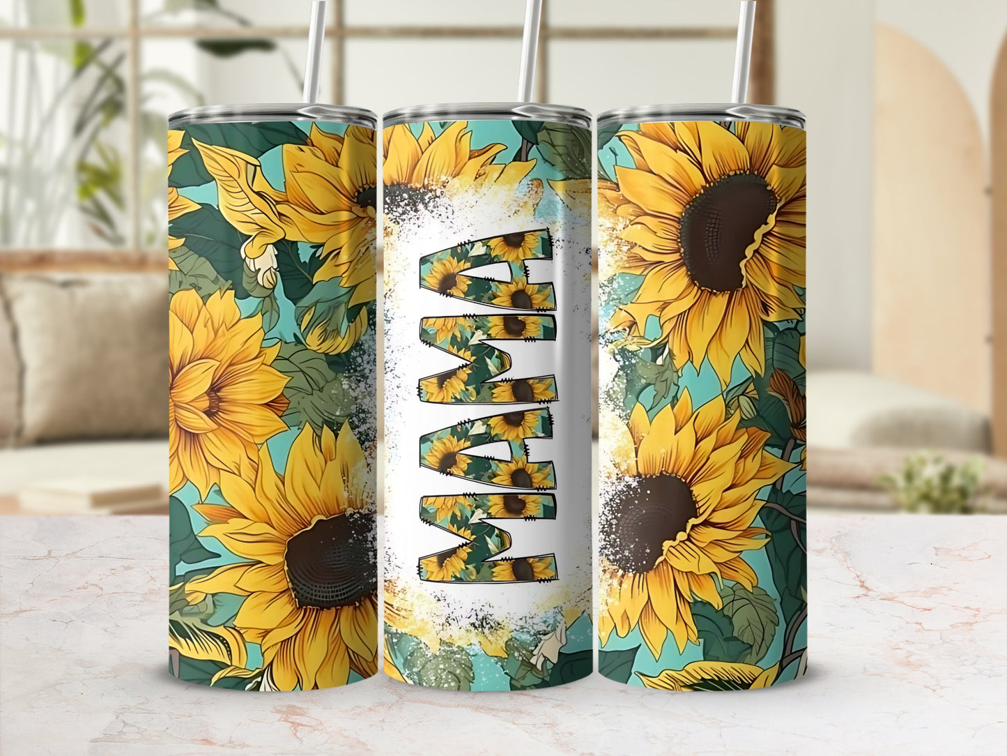 Sunflower and Mama Design Tumbler with Straws