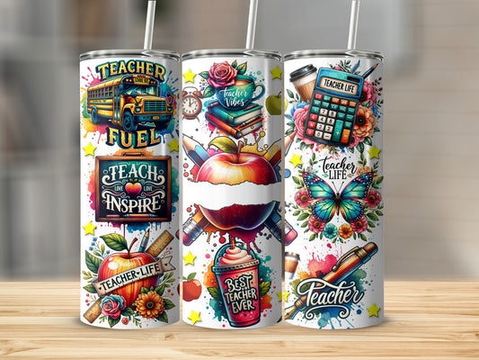 Three tumblers featuring school bus, apple, and butterfly designs for teachers.